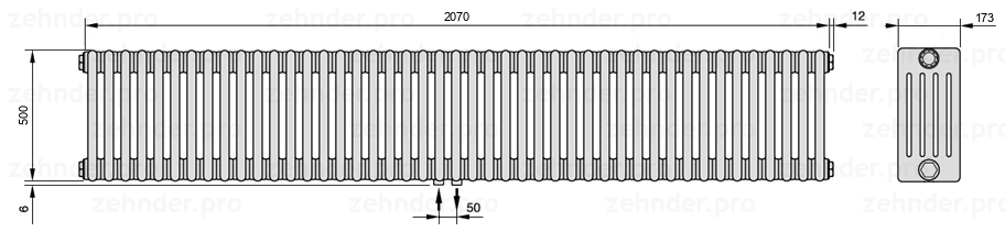 Схема (чертеж) Радиатор Zehnder Charleston 5050/45 №3470 Белый глянцевый RAL 9016